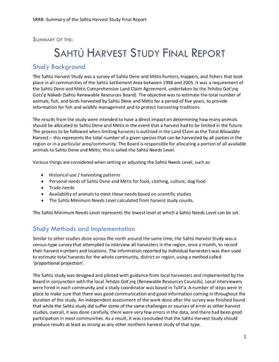 Summary of the Sahtú Harvest Study Final Report 2021
