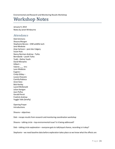 2014 Sahtú Environmental Research and Monitoring Forum Workshop Notes
