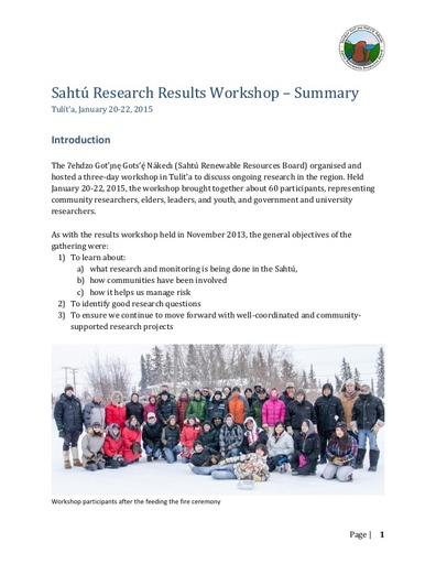 2015 Sahtú Environmental Research and Monitoring Forum Research Results Workshop ­ Summary