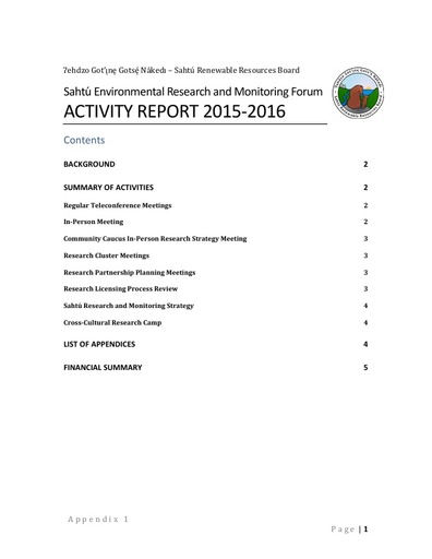 2015-2016 Sahtú Environmental Research and Monitoring Forum Activity Report