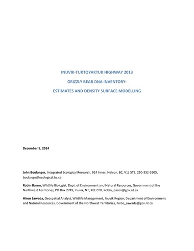 2013 Inuvik-Tuktoyaktuk Highway Grizzly Bear DNA Report Inventory