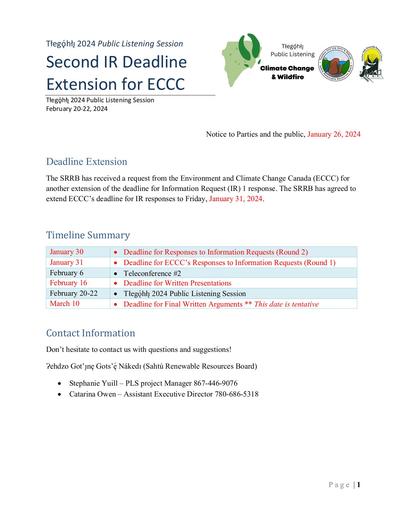 24-01-26 Tłegǫ́hłı̨ 2024 PLS Notice -  Second Deadline Extension IR #1 ECCC